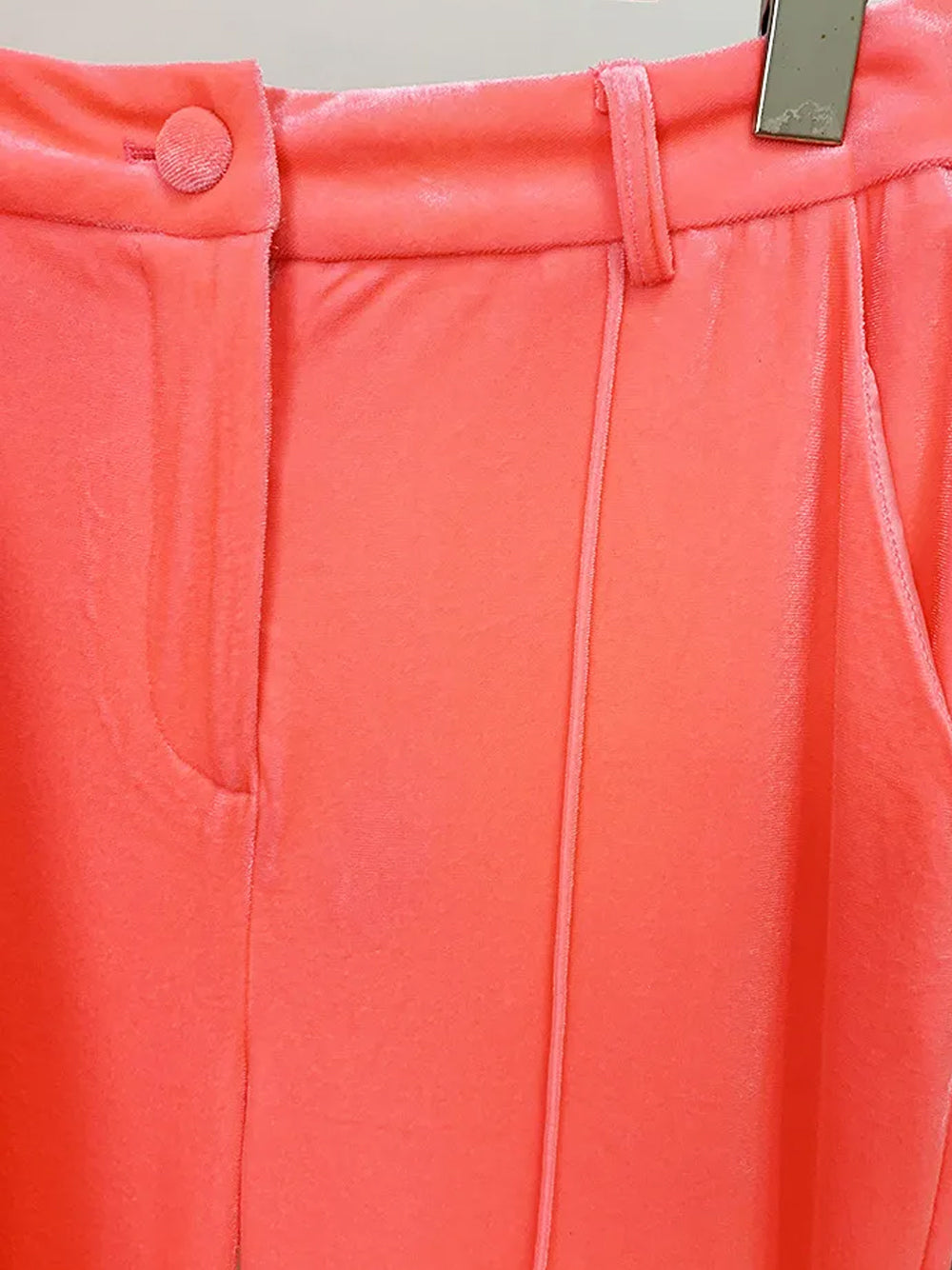 Peach Pink Peak Lapel Plunge Velvet Blazer And Flared Pants Set
