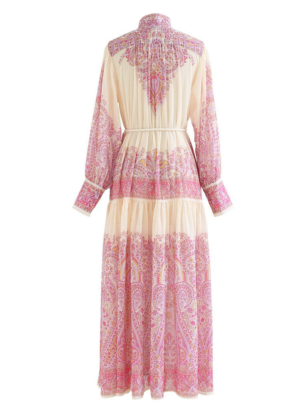 Pink Stand Collar Paisley Print Long Sleeve Belted Tiered Maxi Dress 2