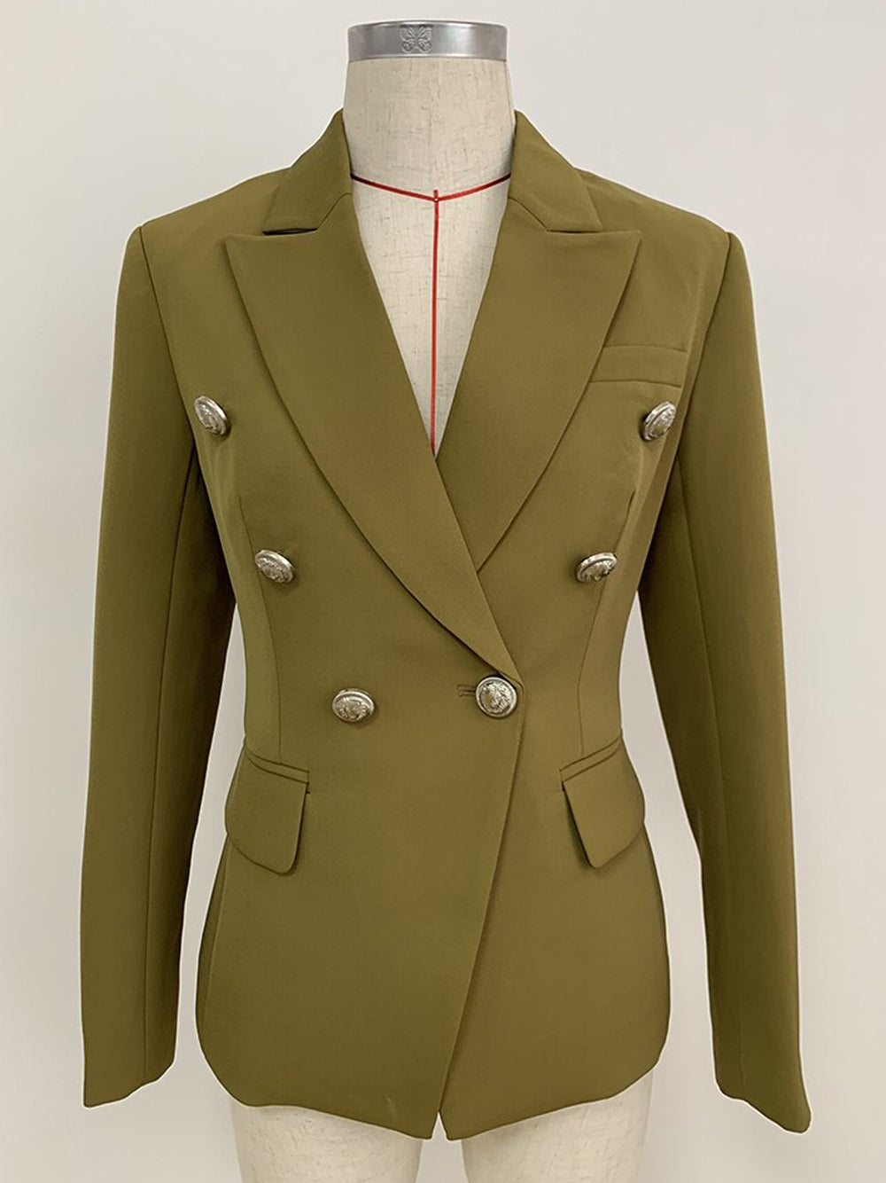 Green Peak Lapel Double Breasted Lion Button Fitted Blazer