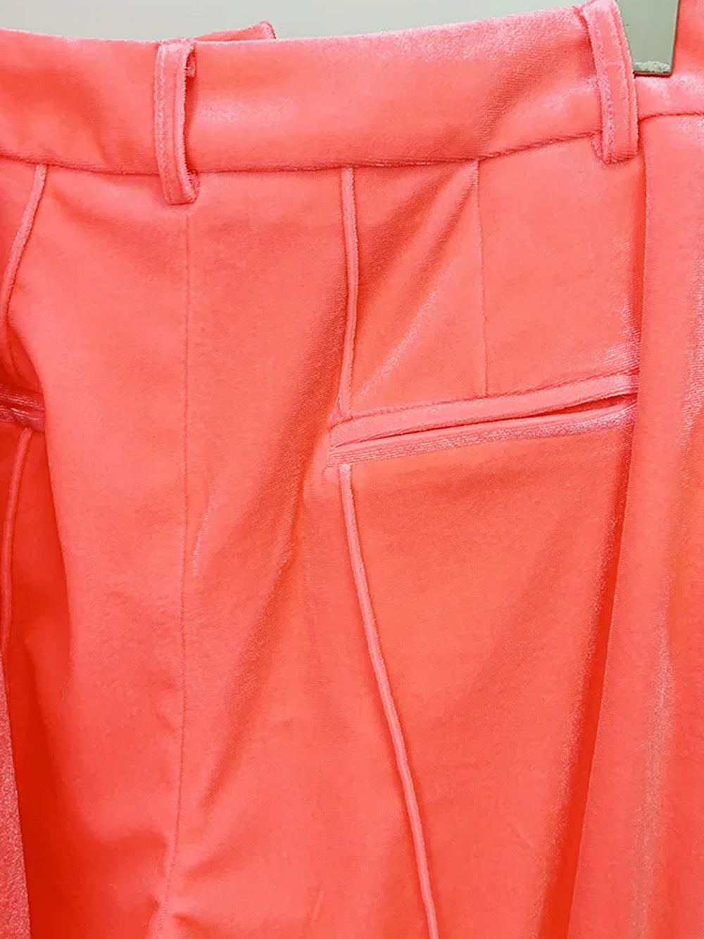 Peach Pink Peak Lapel Plunge Velvet Blazer And Flared Pants Set