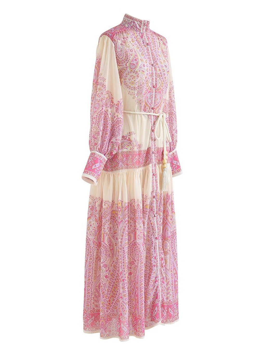 Pink Stand Collar Paisley Print Long Sleeve Belted Tiered Maxi Dress 7
