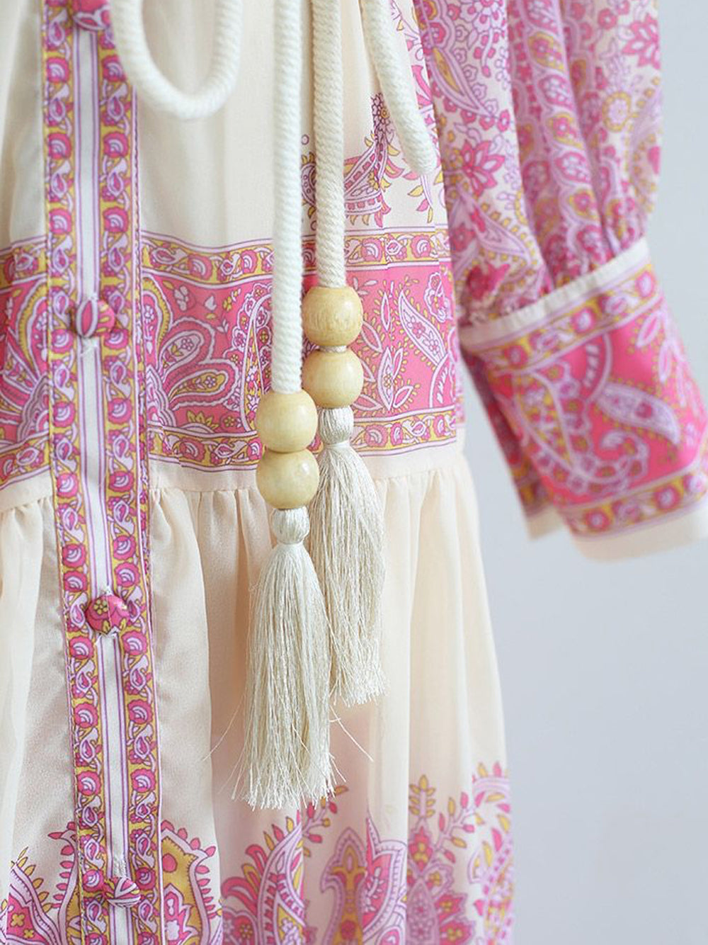 Pink Stand Collar Paisley Print Long Sleeve Belted Tiered Maxi Dress 4
