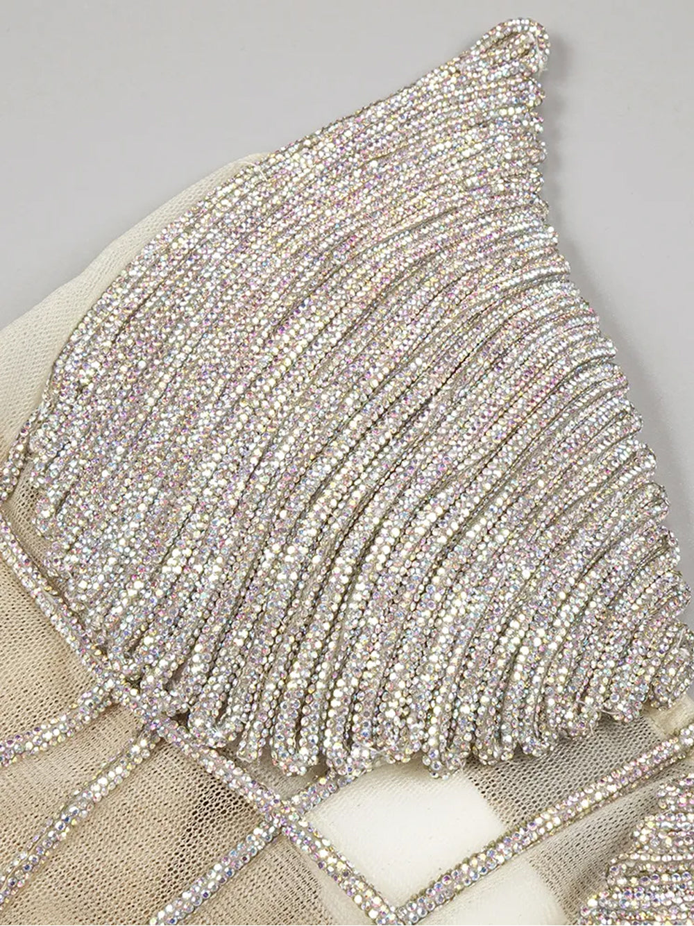 Beige Halter Rhinestone Cup Corset Crystal Fishnet Bodycon Mini Dress