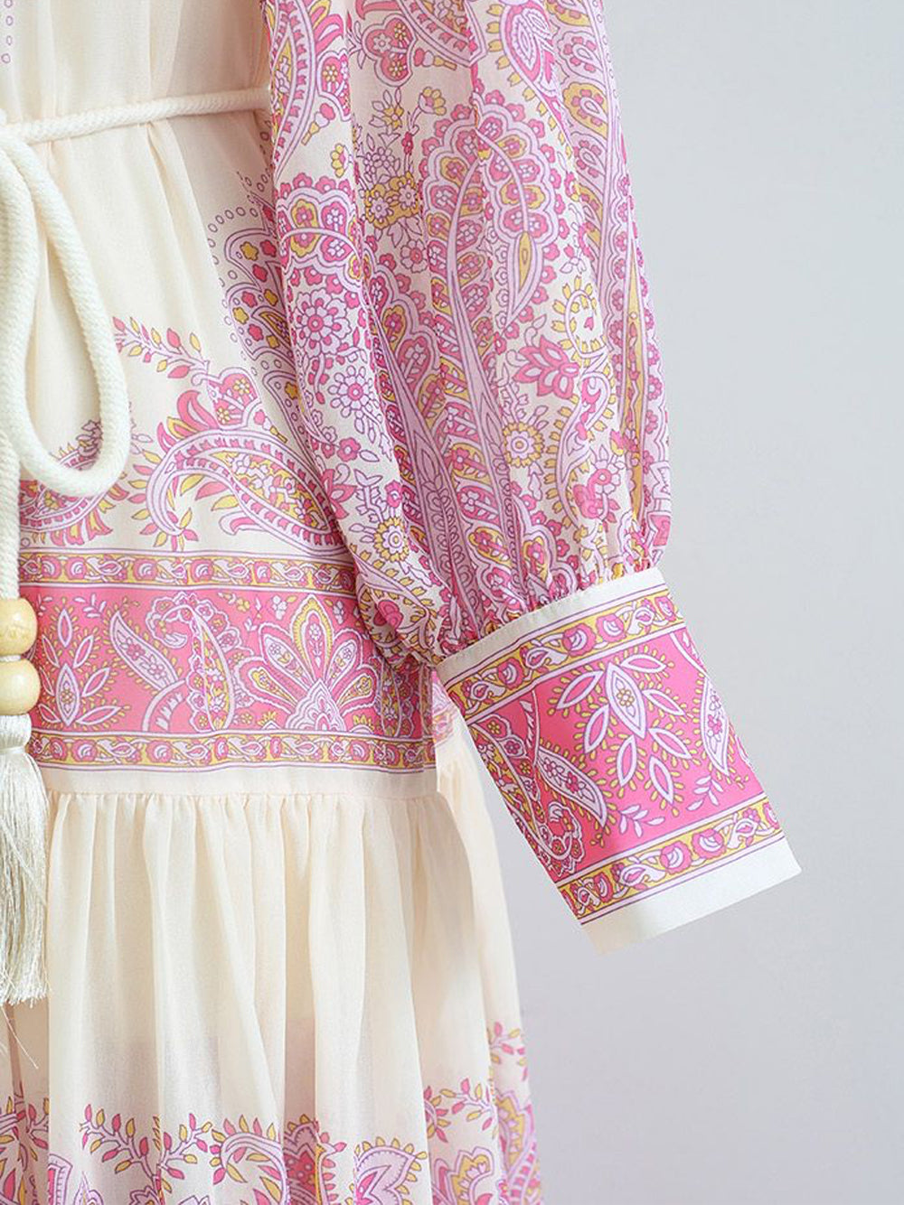 Pink Stand Collar Paisley Print Long Sleeve Belted Tiered Maxi Dress 6