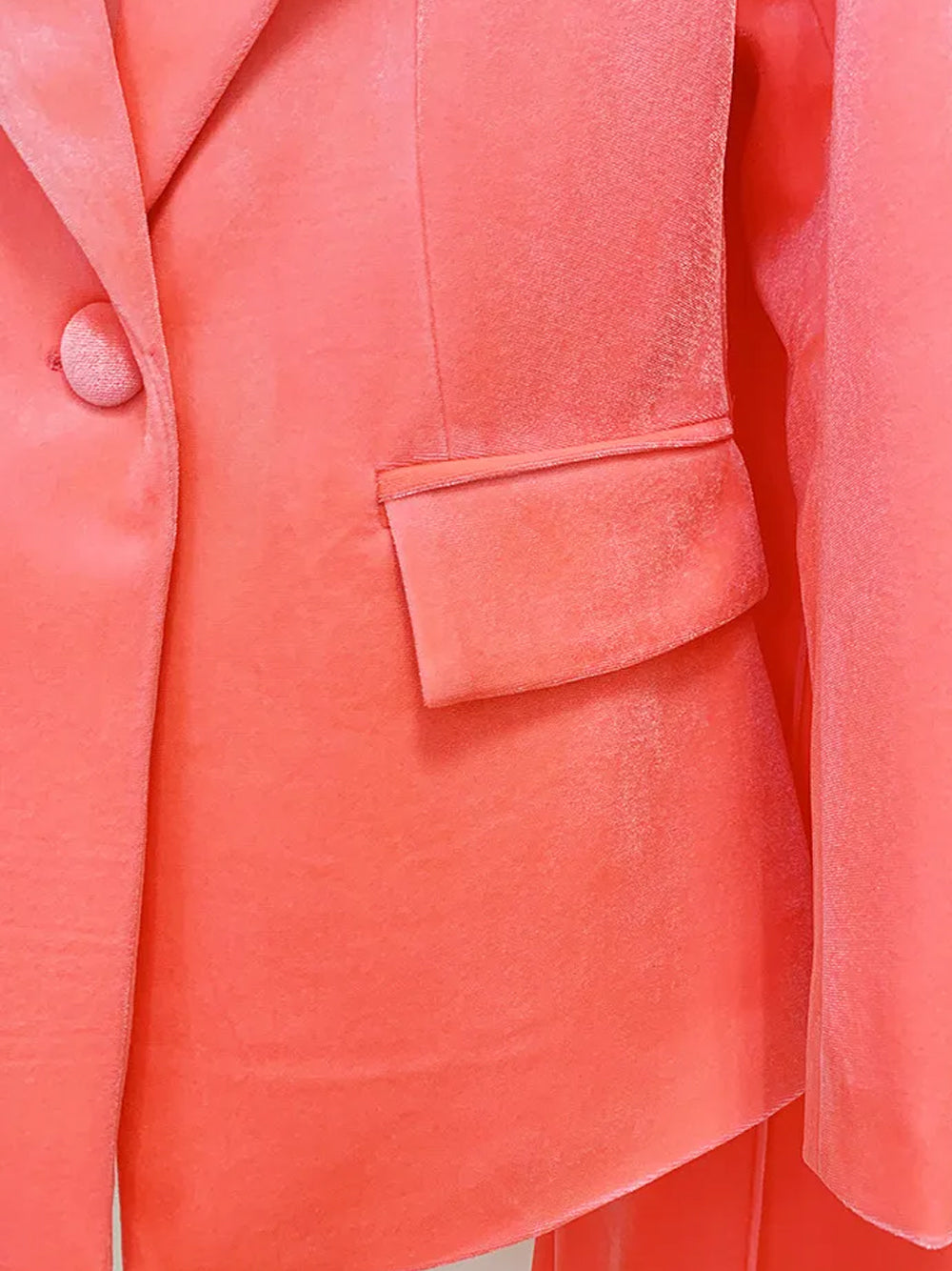 Peach Pink Peak Lapel Plunge Velvet Blazer And Flared Pants Set