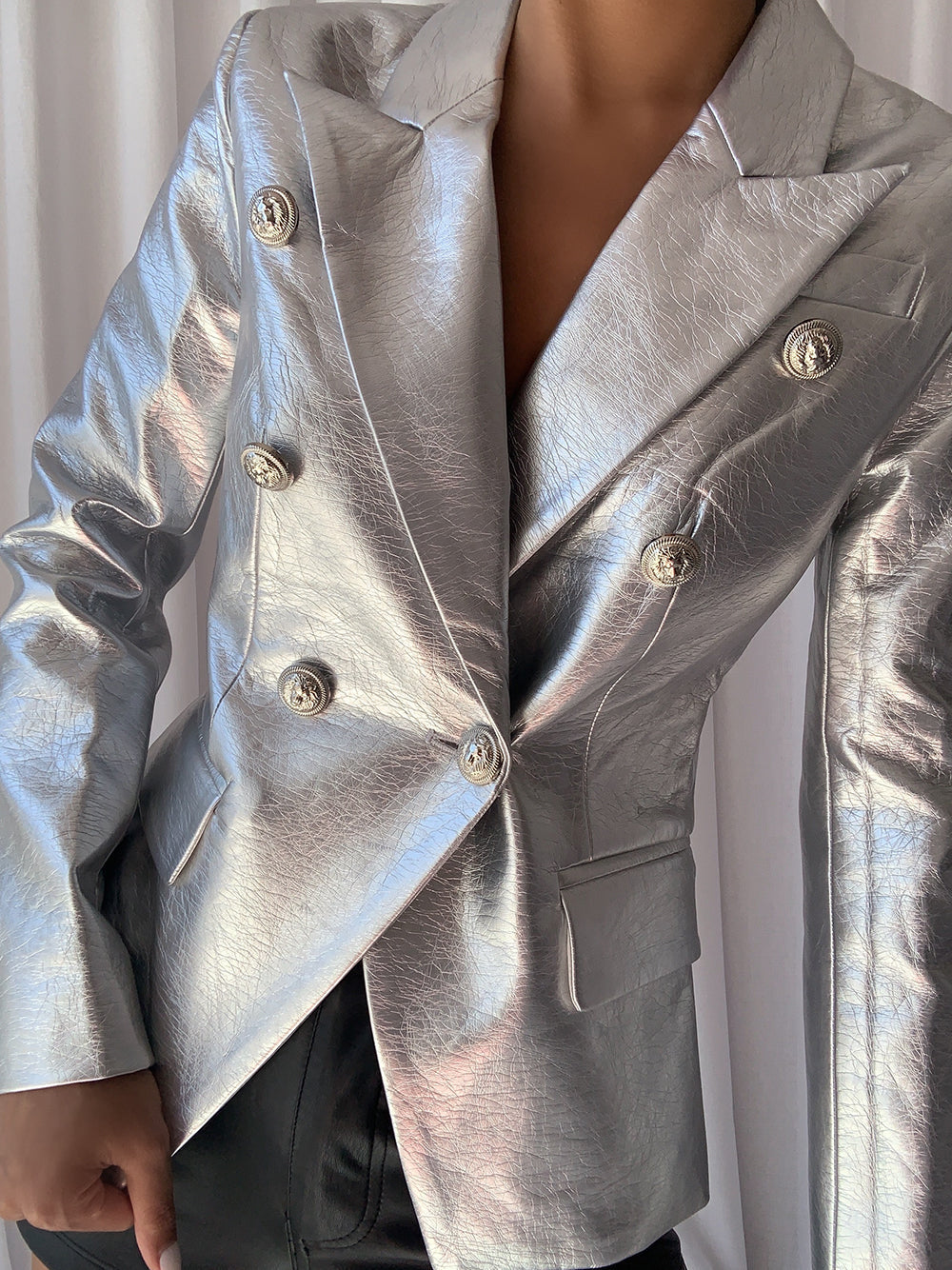 Silver Notched Lapel Double-Breasted Gold Button Metallic Leather Blazer