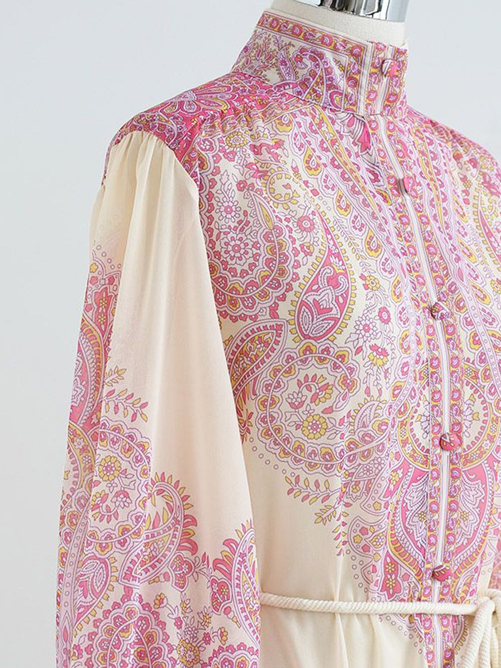 Pink Stand Collar Paisley Print Long Sleeve Belted Tiered Maxi Dress 5