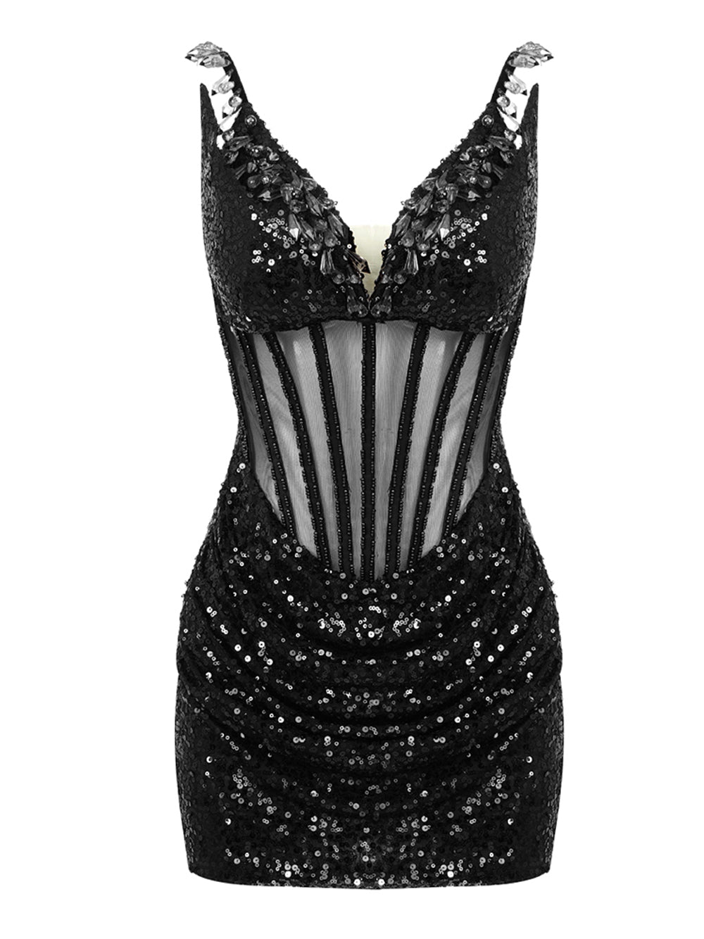 Black V-Neck Beaded Sequin Sheer Corset Ruched Bodycon Mini Dress