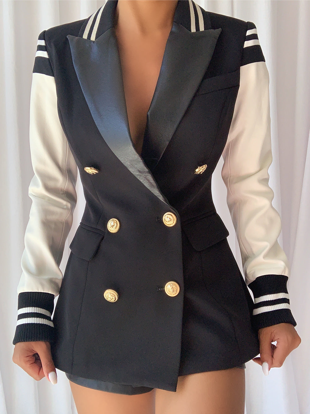 B&w Double-Breasted Gold Button Varsity Sleeve Contrast Blazer