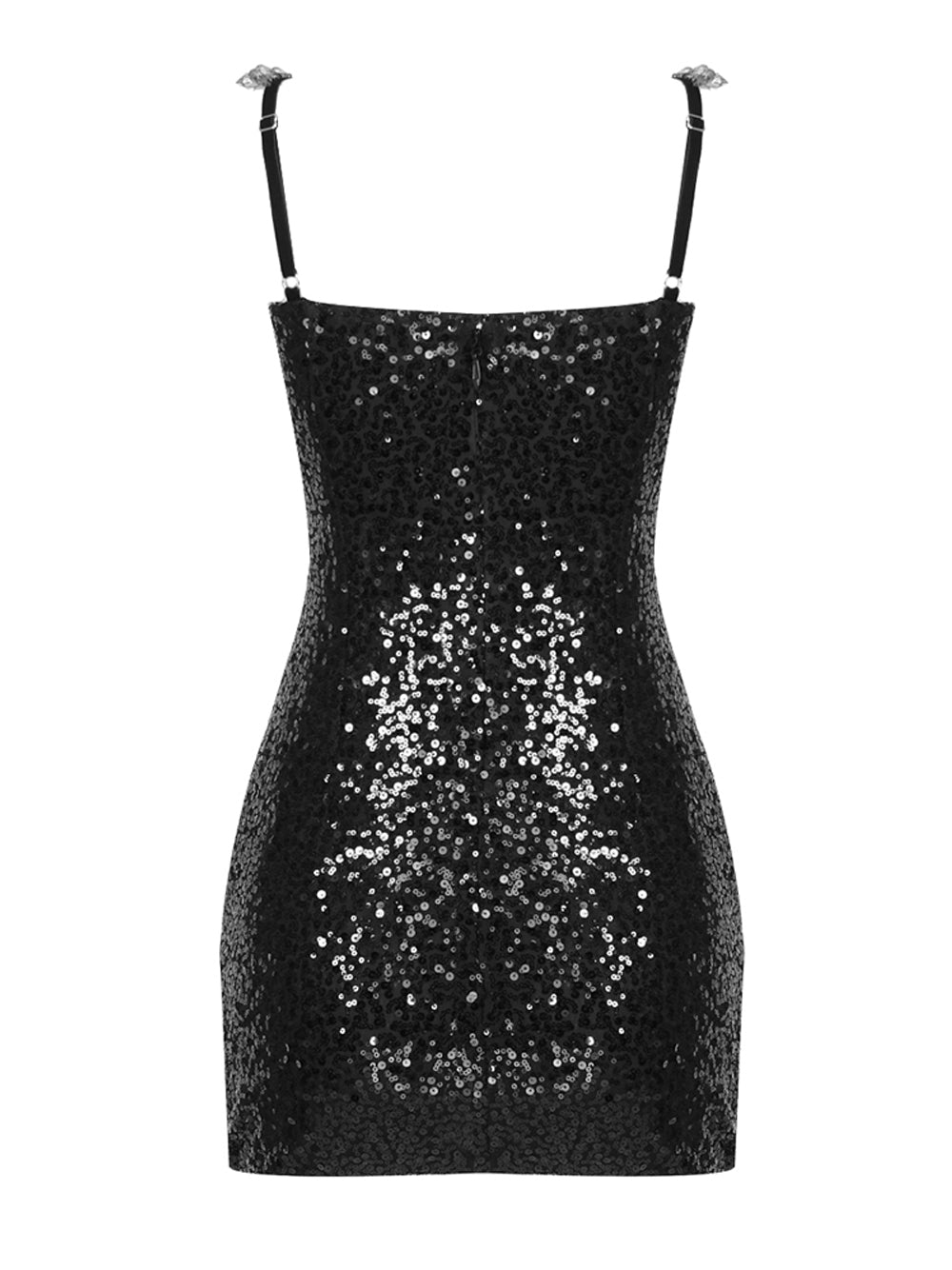 Black V-Neck Beaded Sequin Sheer Corset Ruched Bodycon Mini Dress