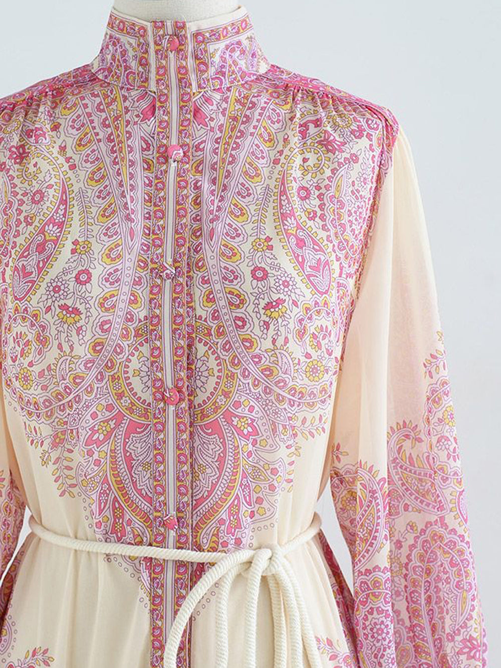 Pink Stand Collar Paisley Print Long Sleeve Belted Tiered Maxi Dress 3