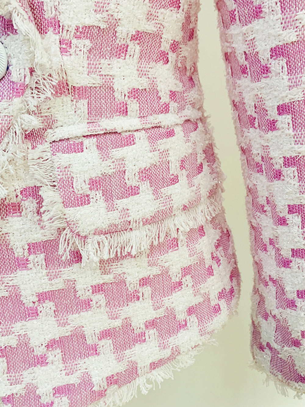 Pink Shawl Collar Double Breasted Houndstooth Tweed Blazer 18