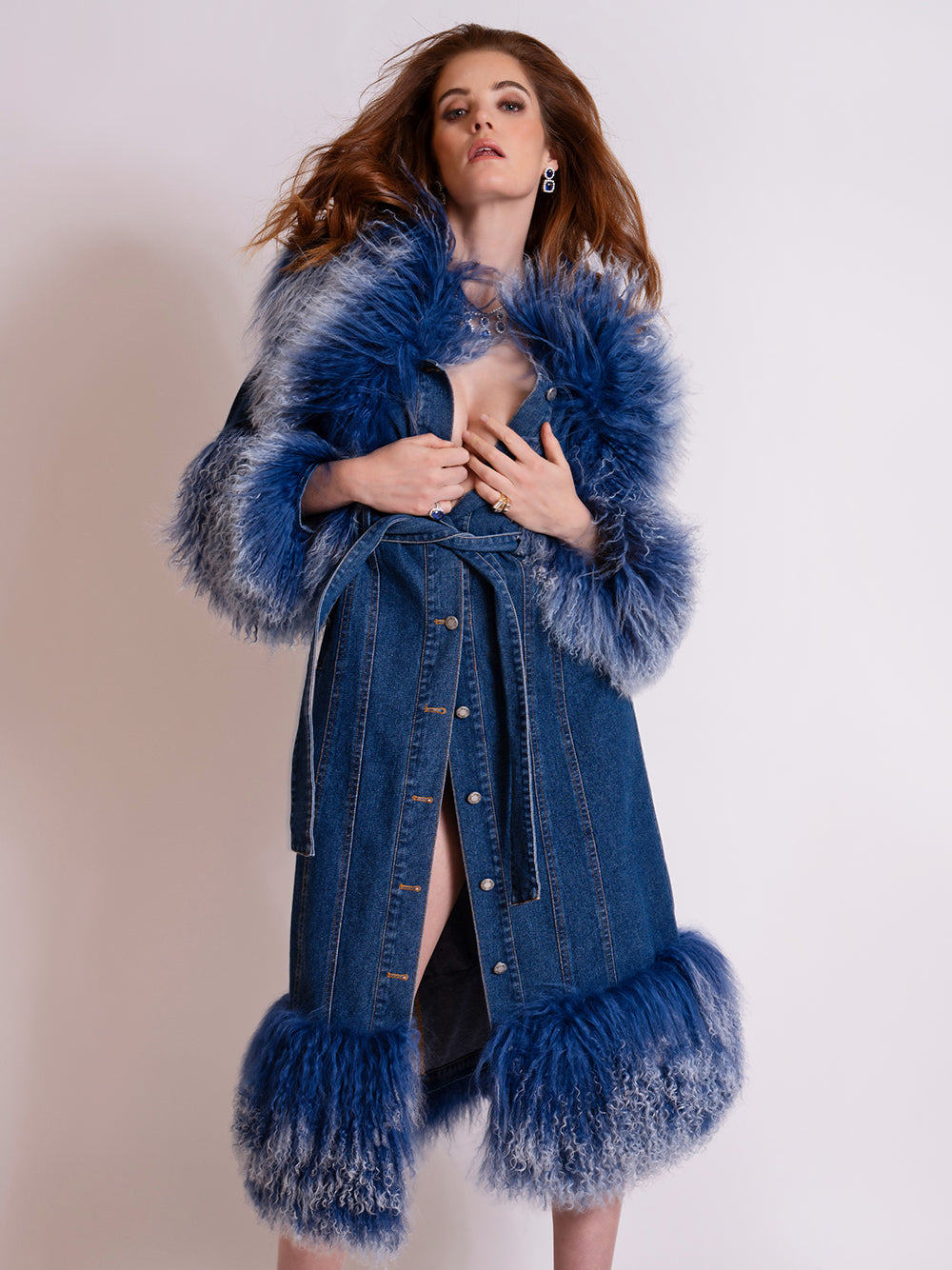 Denim Shaggy Fur Collar Cuff Hem Belted Button-Up Denim Coat 10