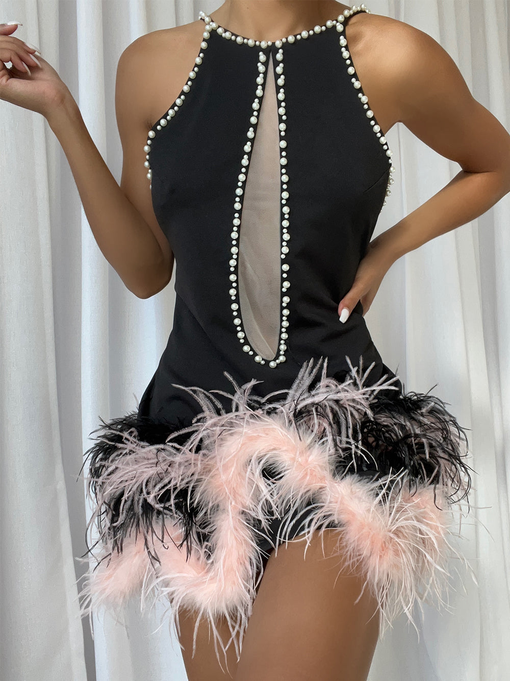 Black Halter Neck Pearl Beaded Mesh Cutout Feather Hem Bodycon Mini Dress 4