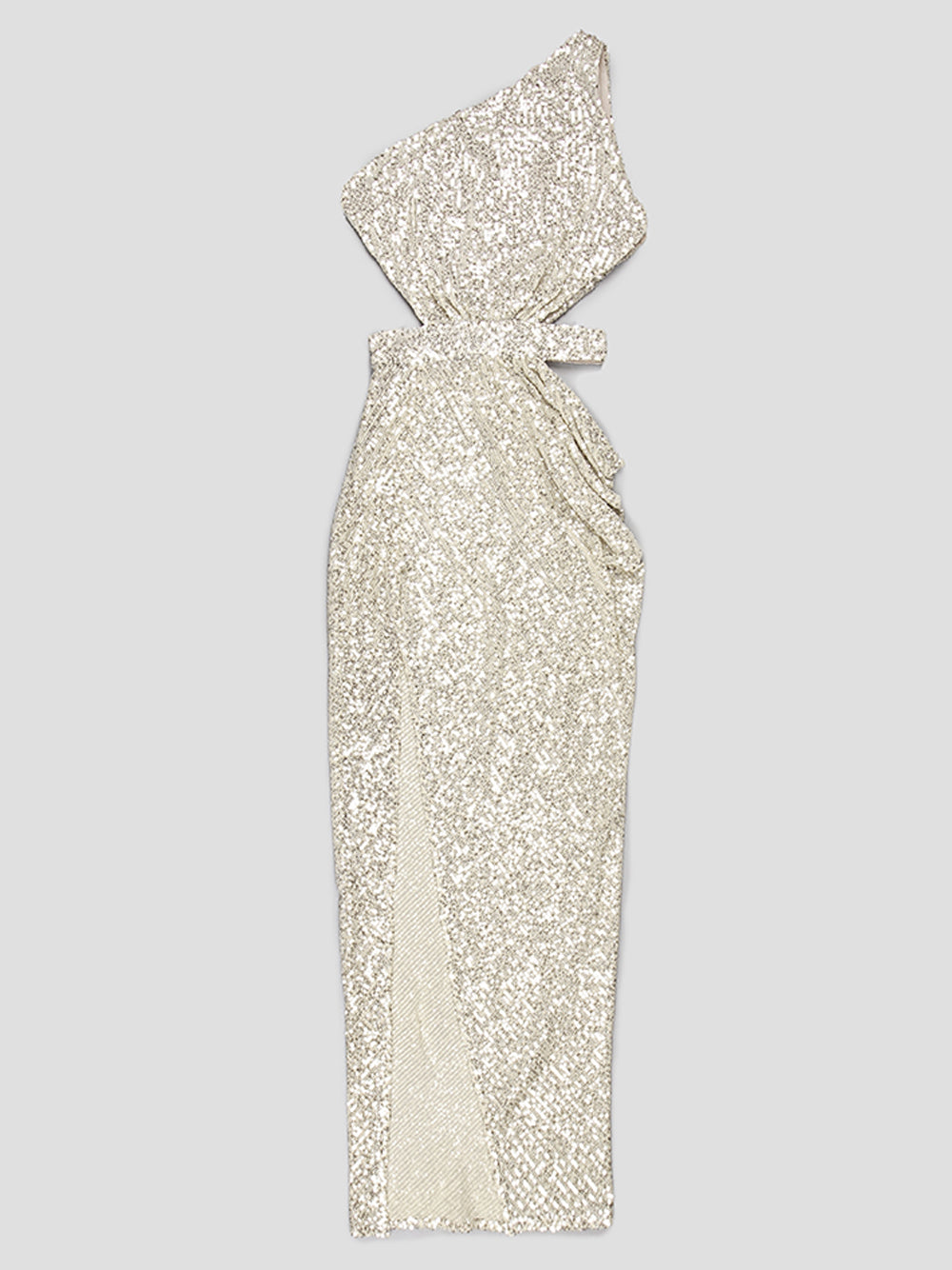 Gold One Shoulder Sequin Cutout Waist High Slit Bodycon Gown