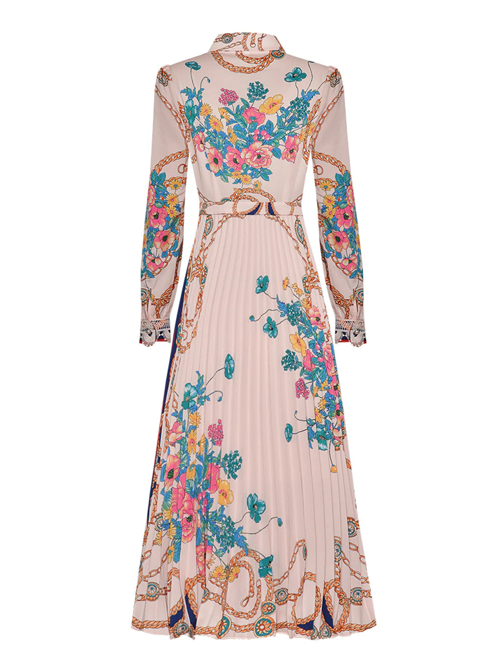Collared Lace Trim Floral Baroque Print Long Sleeve Pleated Midi Dress 10