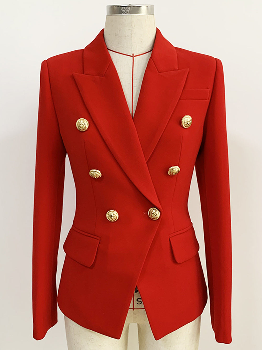 Red Peak Lapel Double Breasted Gold Button Tailored Blazer
