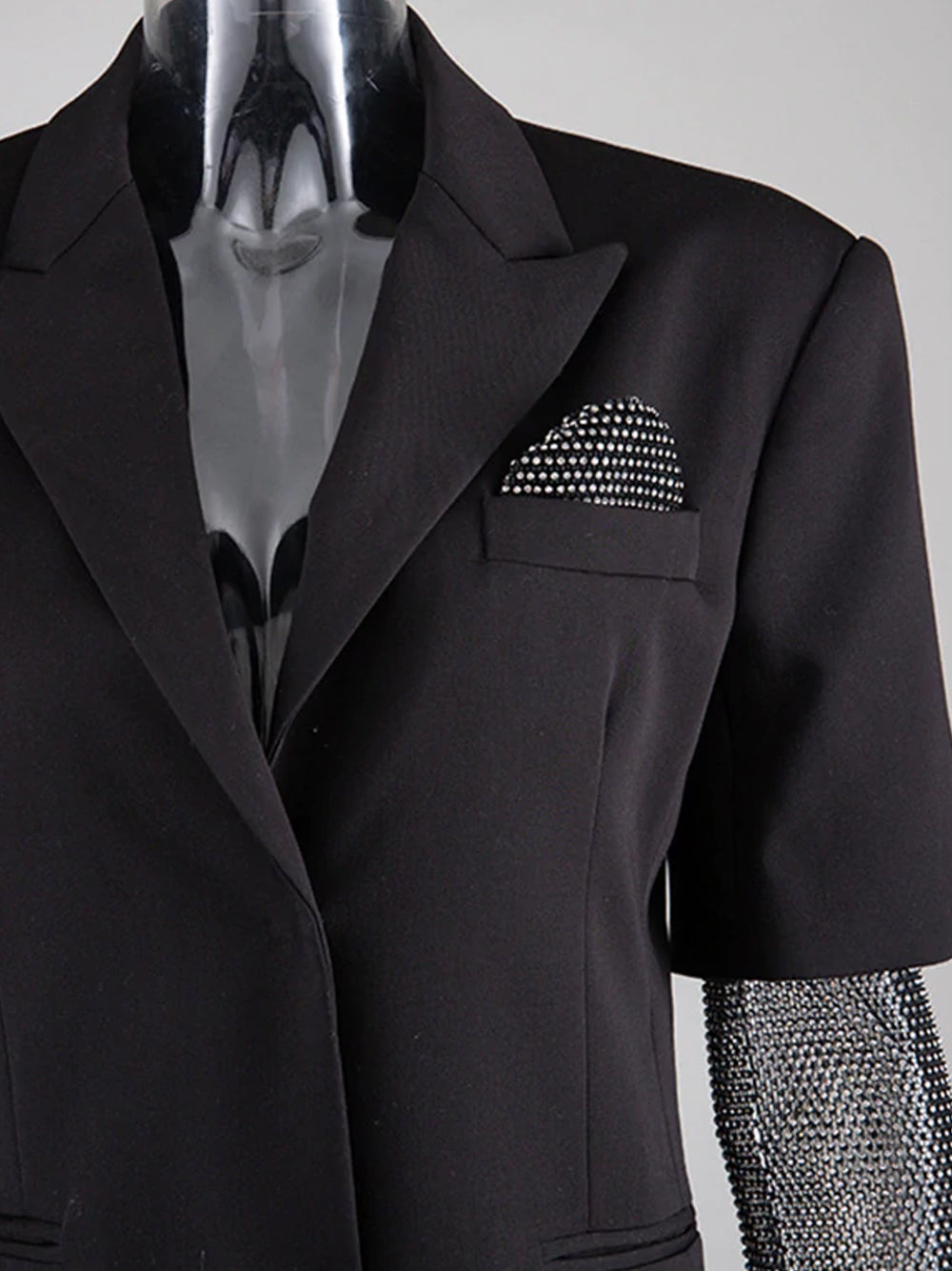 Black Peak Lapel Rhinestone Mesh Sleeve Pocket Square Blazer 6