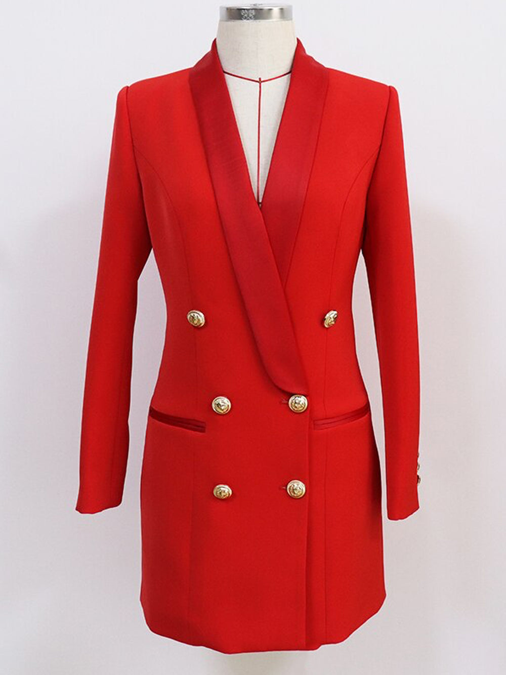 Red Shawl Collar Double Breasted Gold Button Blazer Dress
