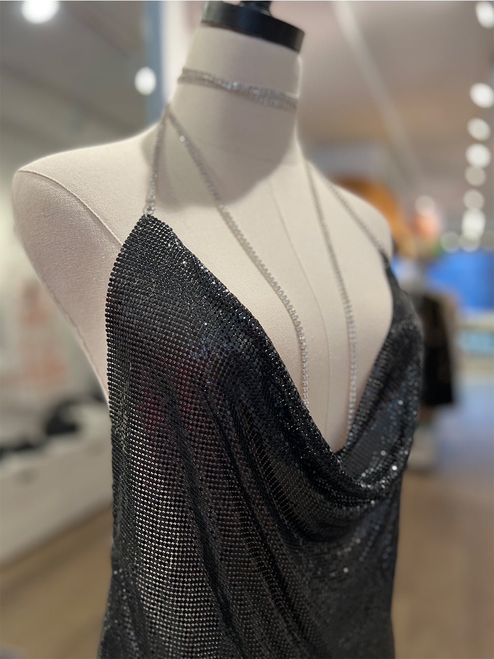 Black Halter Cowl Neck Backless Chainmail High Slit Mini Dress