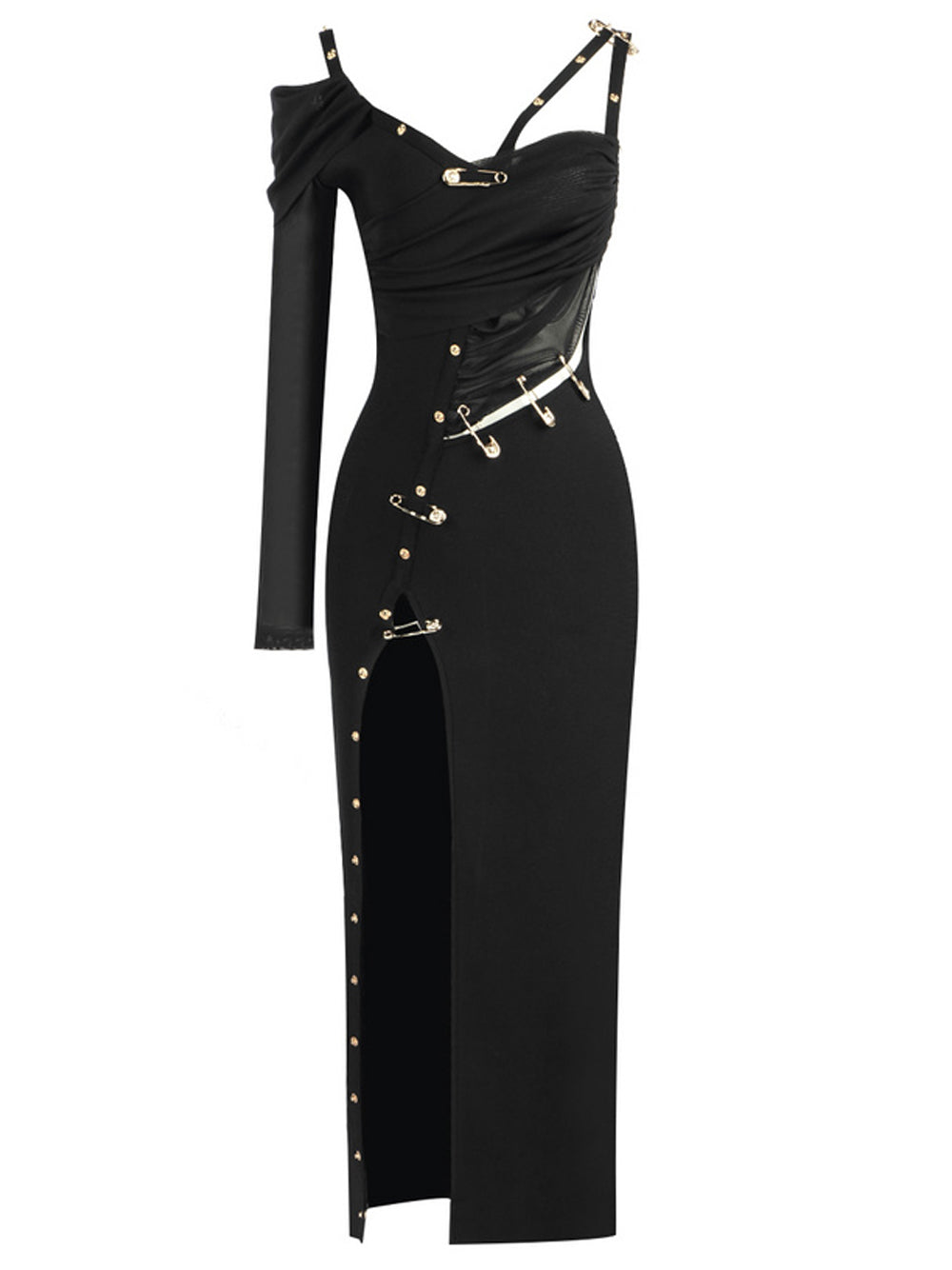 Black One Shoulder Long Sleeve Safety Pin High Slit Bodycon Midi Dress 5