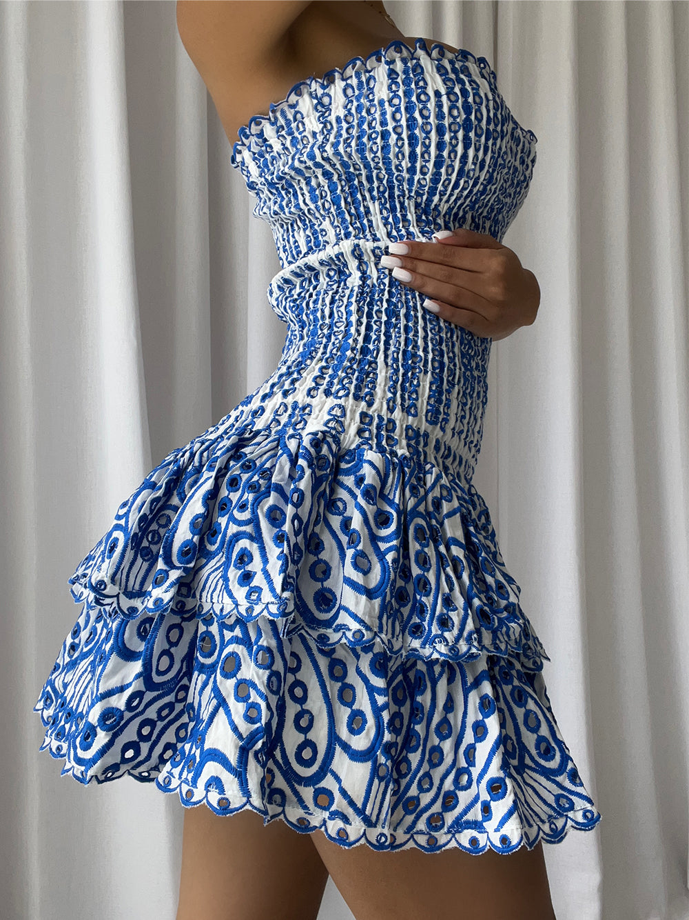 Strapless Shirred Bodice Eyelet Tiered Ruffle Bodycon Mini Dress 2