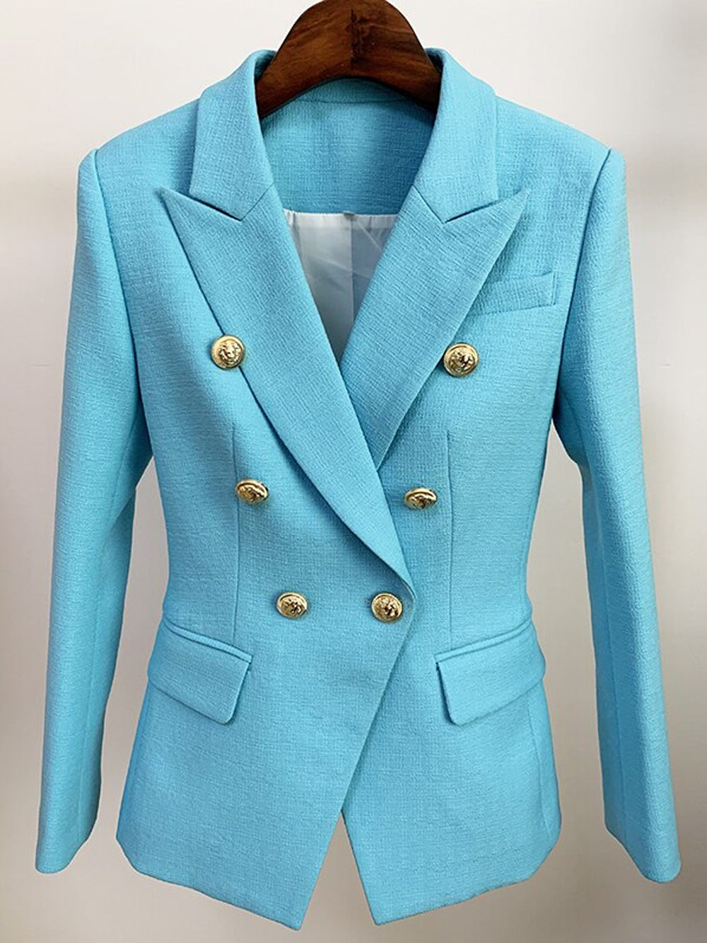 Blue Peak Lapel Gold Button Double-Breasted Tailored Blazer