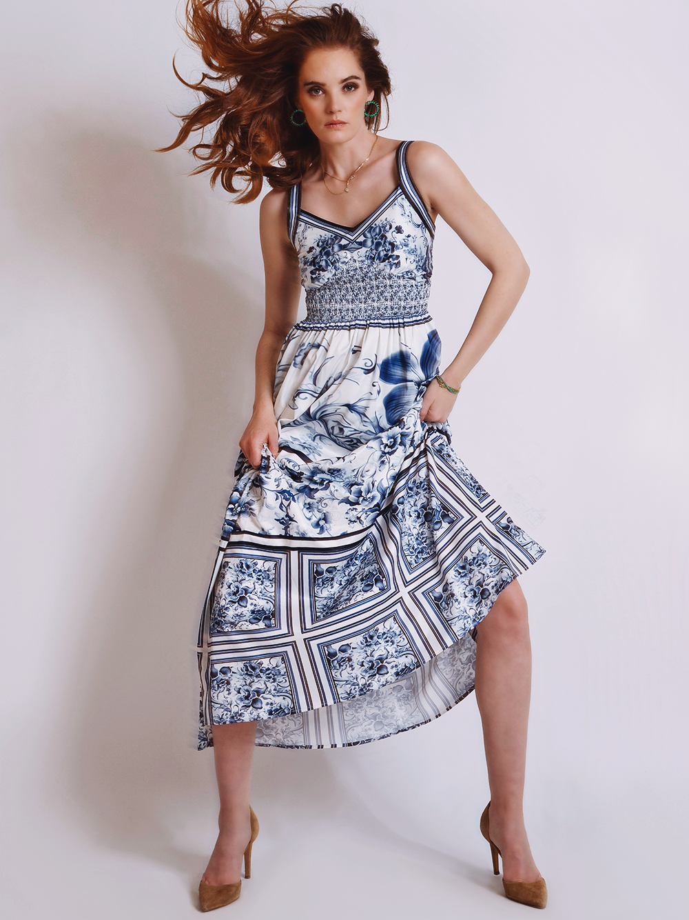 Blue Spaghetti Strap Floral Print Smocked Waist A-Line Midi Dress 9