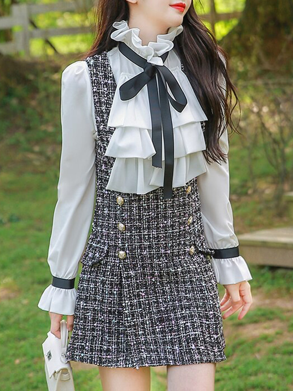 Gray Ruffle Bow Blouse and Tweed Pinafore Mini Dress Set