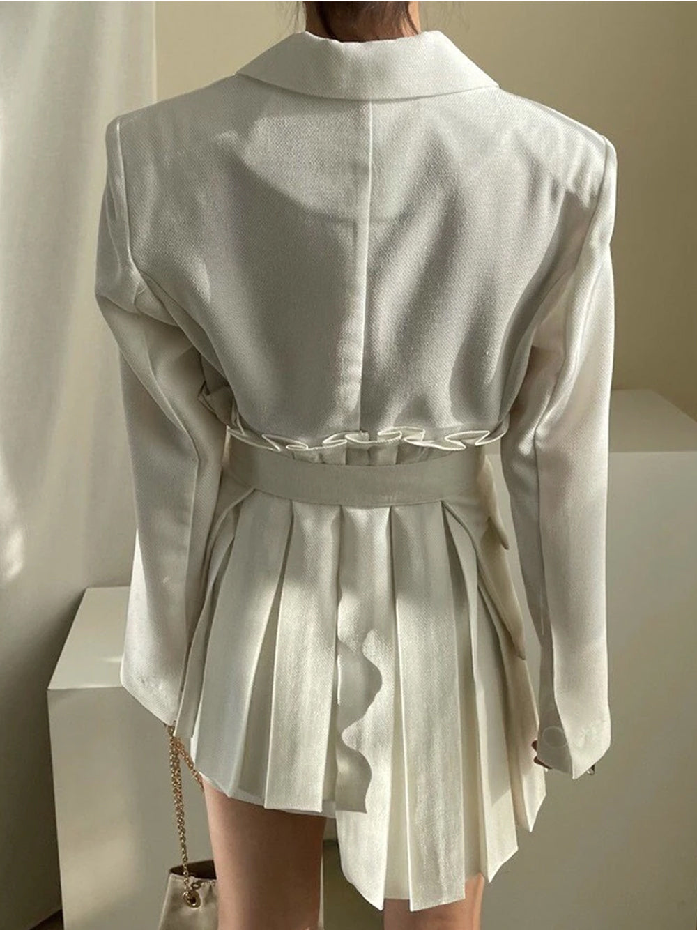 White Peak Lapel Belted Pleated Blazer Mini Dress 2