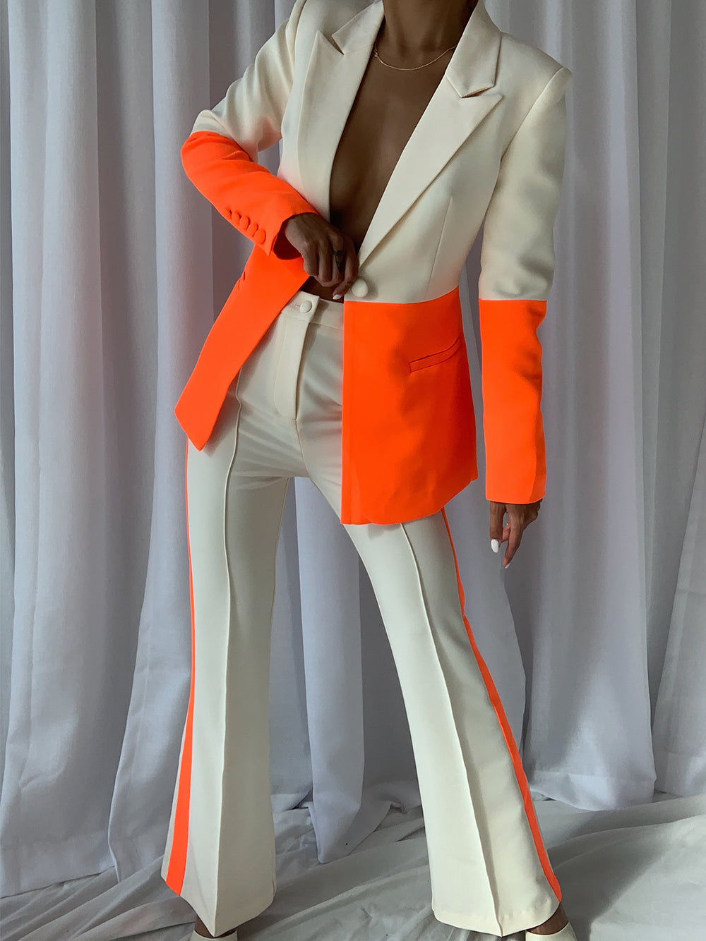 Orange Notch Lapel Color Block Blazer And Flare Pants Set