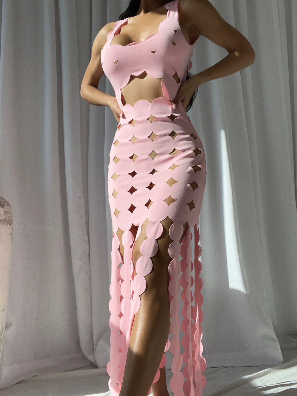 Pink Square Neck Laser Cut Scallop Cutout Fringe Bodycon Maxi Dress 3