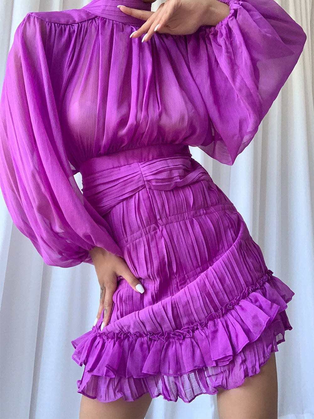 Black Mock Neck Sheer Chiffon Balloon Sleeve Ruched Ruffle Hem Mini Dress