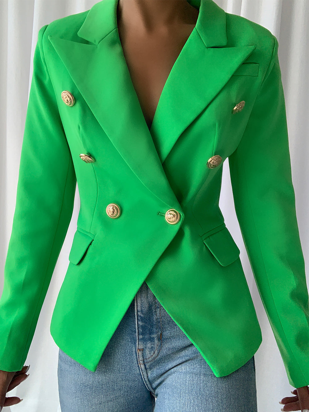 Green Peak Lapel Double Breasted Gold Button Fitted Blazer
