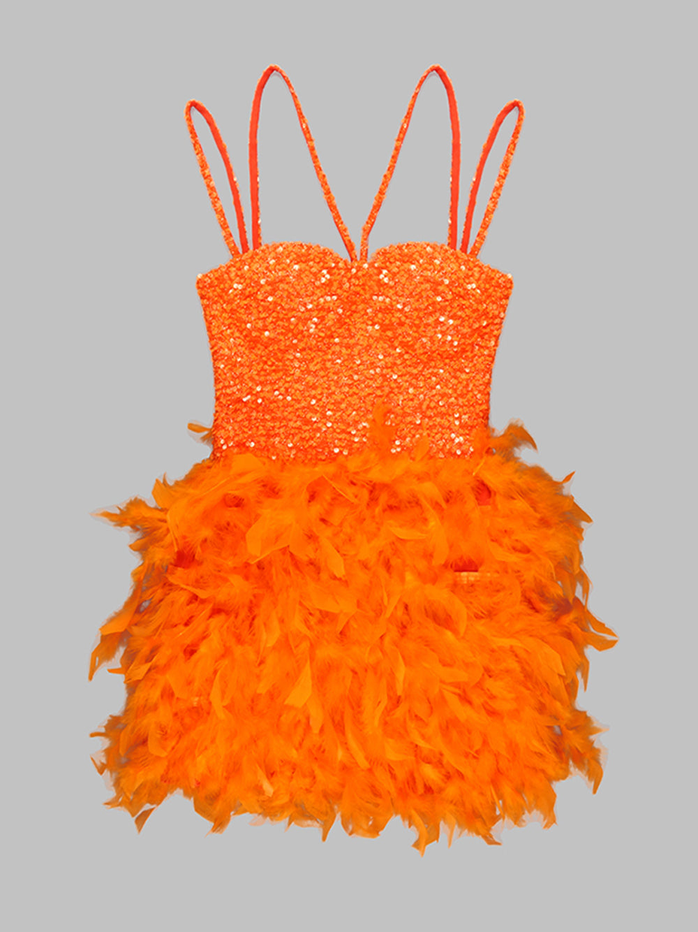 Orange Sweetheart Strappy Sequin Bodice Feather A-Line Mini Dress 4