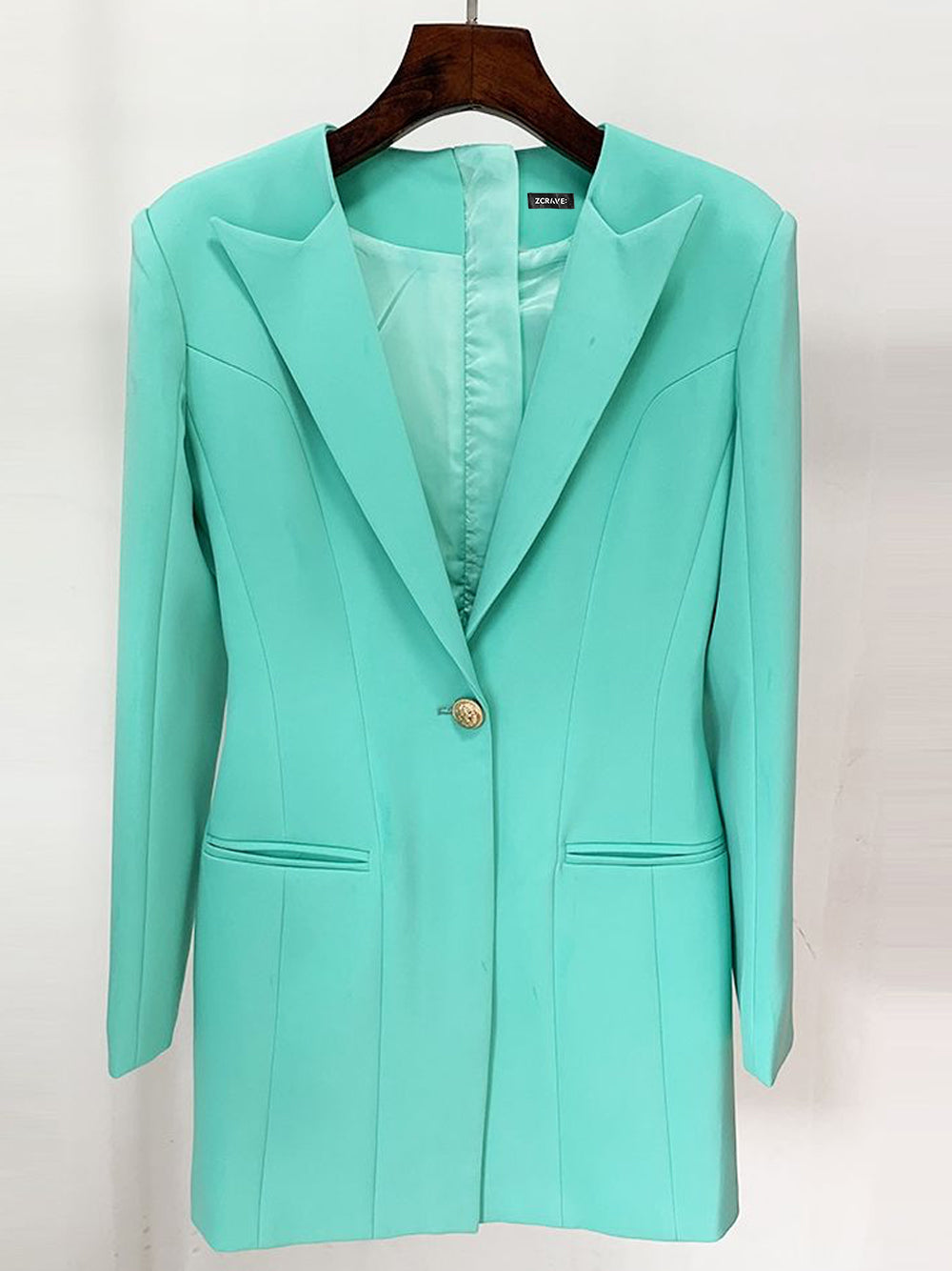 Turquoise Peak Lapel Single Button Long Sleeve Blazer Dress 6