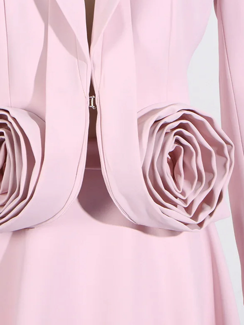 Pink Shawl Lapel Rosette Cropped Blazer Midi Skirt Set