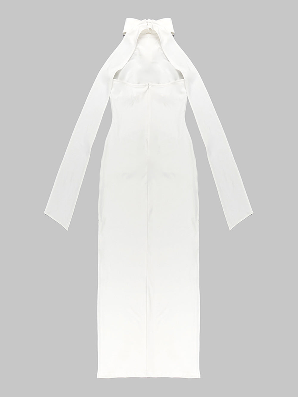 White Halter Neck Rosette Applique Ruched Bodycon Maxi Gown 5