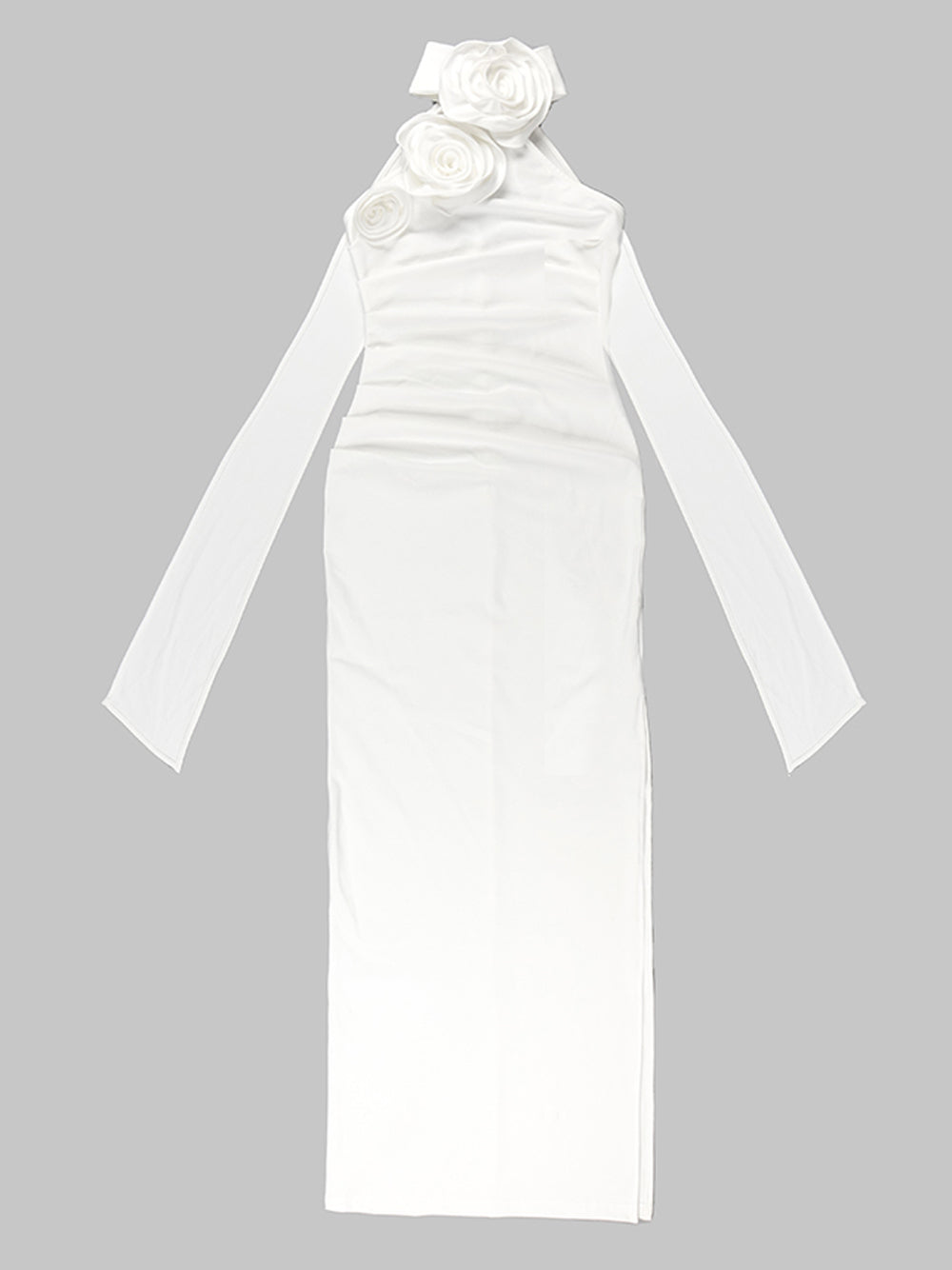 White Halter Neck Rosette Applique Ruched Bodycon Maxi Gown 4