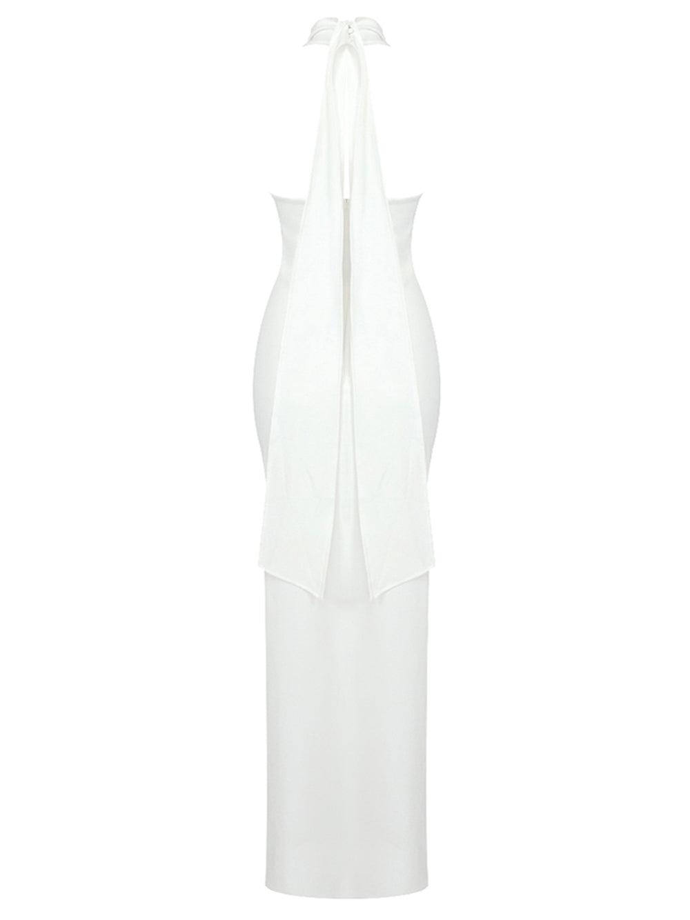 White Halter Neck Rosette Applique Ruched Bodycon Maxi Gown 2