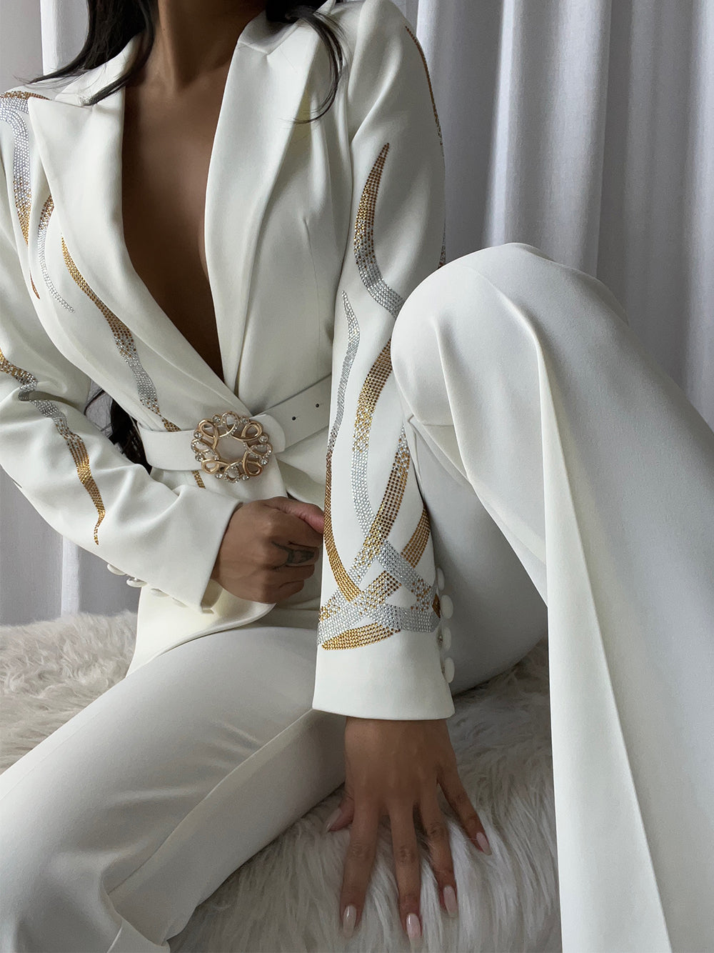 White Peak Lapel Sequin Embellished Belted Blazer Flared Pants Set 2