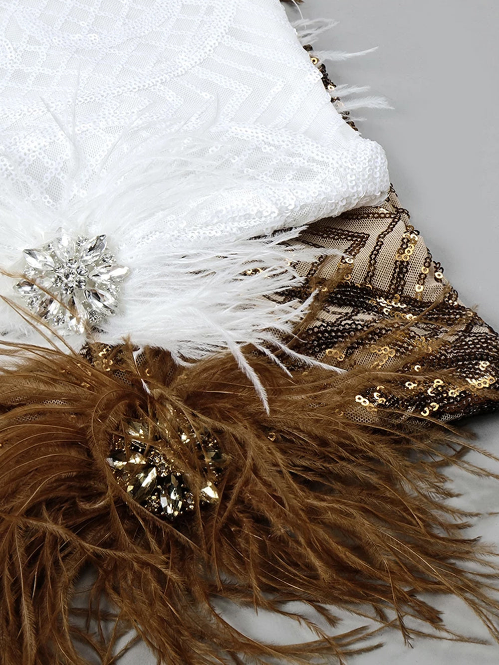 V-Neck Spaghetti Strap Sequin Feather Trim Bodycon Mini Dress 15