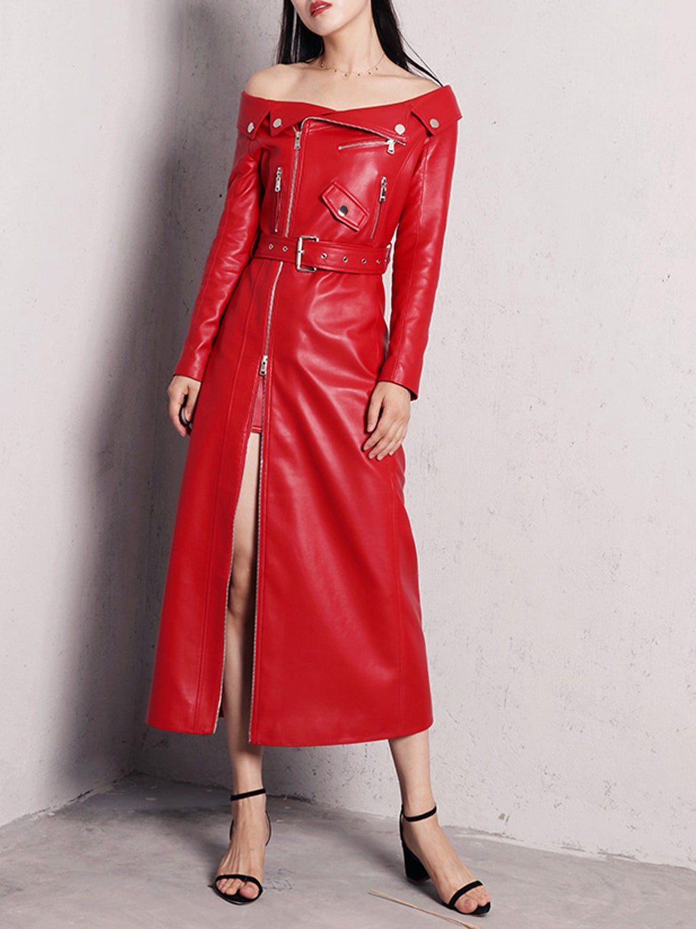 Off-Shoulder Long Sleeve Zip Front Belted Leather High Slit Maxi Dress 2