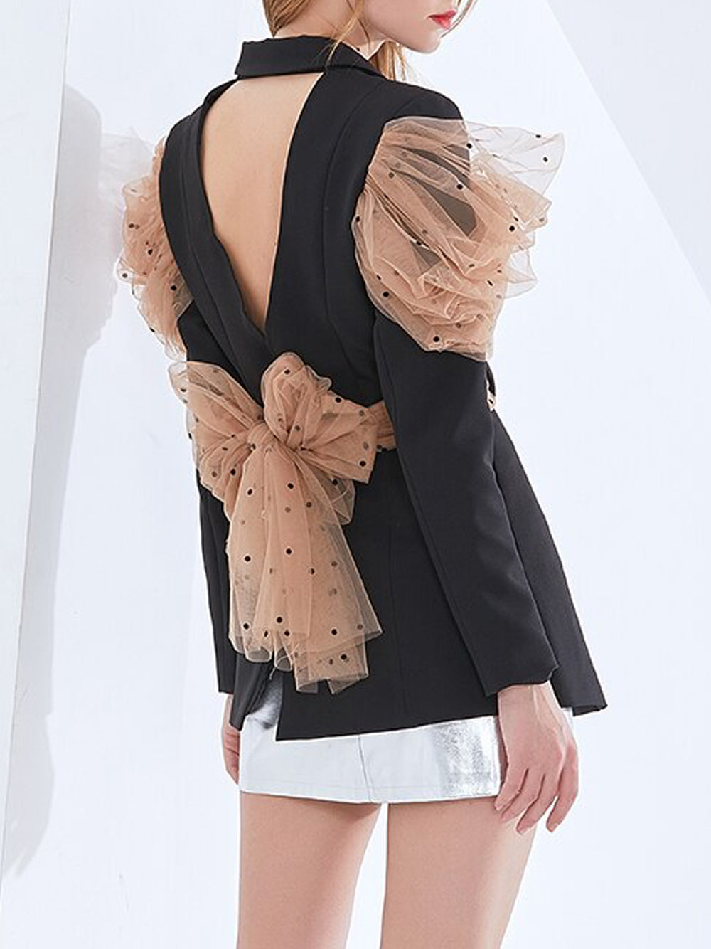 Black Notch Lapel Polka Dot Mesh Bow Wrap Blazer 9