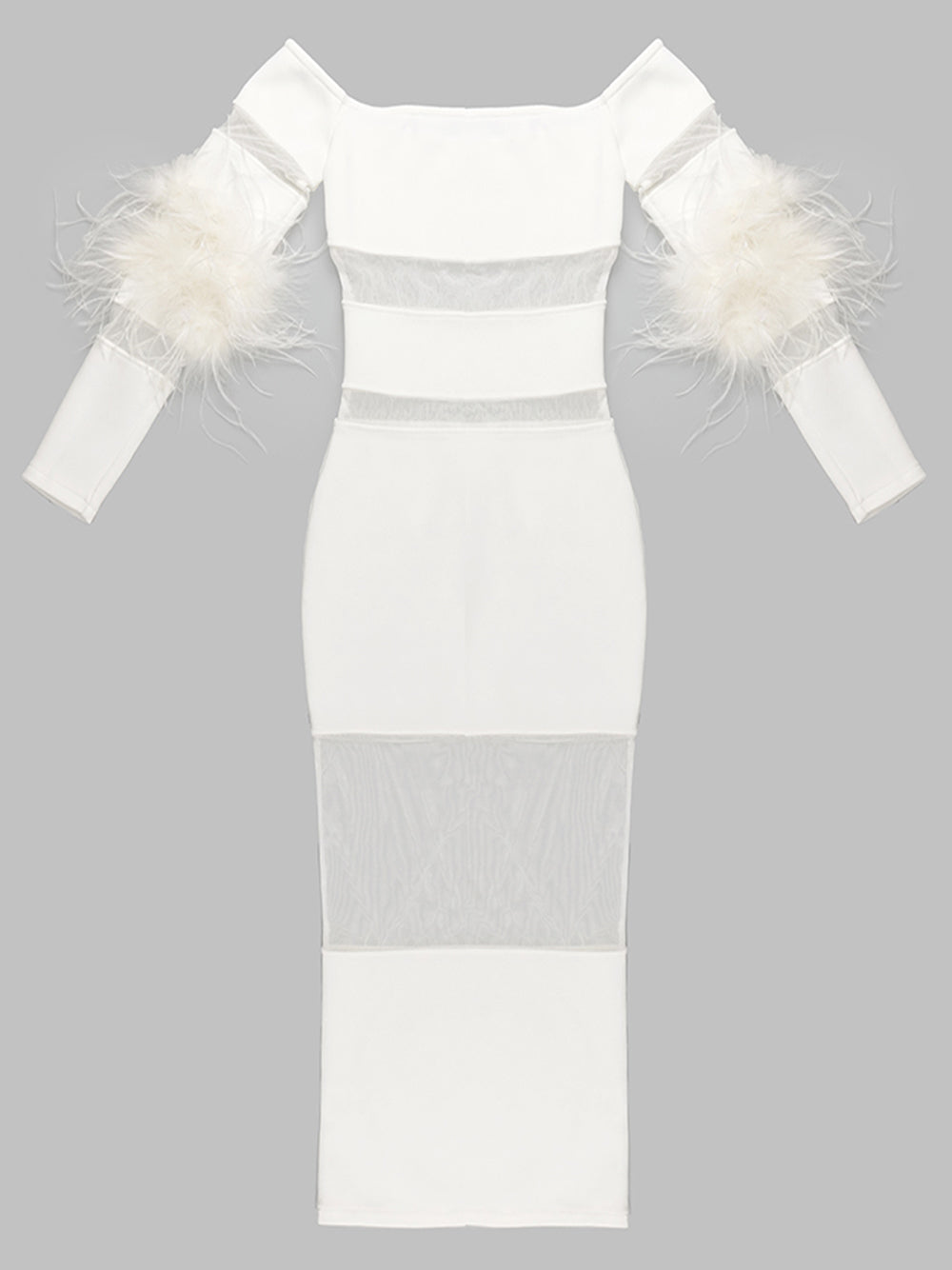 White Off-Shoulder Feather Cuff Long Sleeve Sheer Mesh Bodycon Midi Dress 8