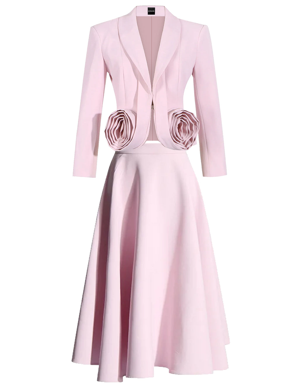 Pink Shawl Lapel Rosette Cropped Blazer Midi Skirt Set