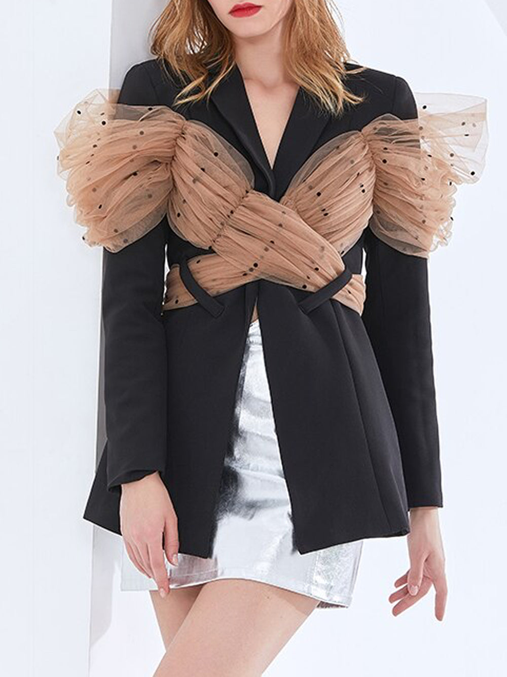 Black Notch Lapel Polka Dot Mesh Bow Wrap Blazer 10