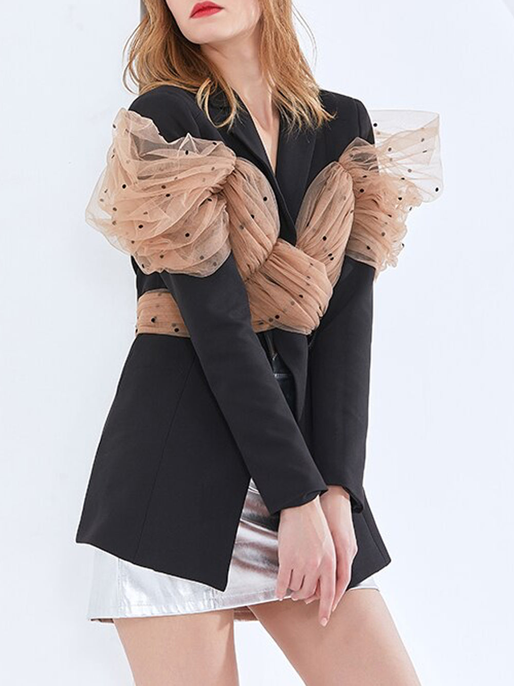 Black Notch Lapel Polka Dot Mesh Bow Wrap Blazer 11