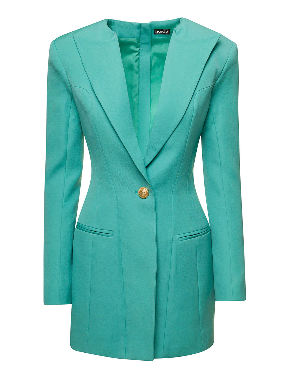 Turquoise Peak Lapel Single Button Long Sleeve Blazer Dress 5