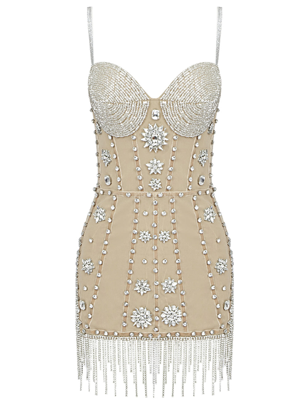 Beige Spaghetti Strap Rhinestone Beaded Fringe Bodycon Mini Dress